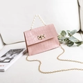 Pink faux leather mini crossbody bag with crocodile texture and pearl handle - Pink