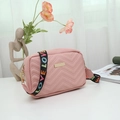 Pink quilted crossbody bag with gold plaque and colorful LOVE print wide shoulder strap - Pink
