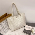 Yellow and white checkered tote bag featuring cream leather handles and gold snap button - White