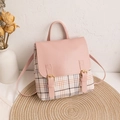 Pink checkered mini backpack with dual gold buckles and top handle for women - Grid Pink
