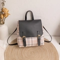 Mini plaid backpack with beige and brown patterns and dual black buckles decor - Black Lattice
