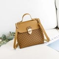 Brown floral patterned satchel with adjustable strap and metallic lock for women - Yellow
