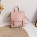 Pink PU leather mini backpack with vintage logo pattern and gold buckle detail - Printed Pink