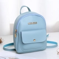 Mini light blue PU backpack for women featuring adjustable straps and gold logo detail - Blue