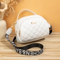 White quilted crossbody bag with golden hardware and letter-printed wide strap - White