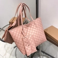 Pink quilted faux leather tote bag set with matching pouch and gold hardware accents - Pink