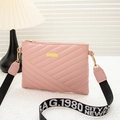 Pink quilted crossbody bag with golden metal plate and lettered wide strap for women - Pink
