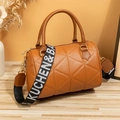 Brown quilted leather boston handbag with an embroidered wide shoulder strap - Brown