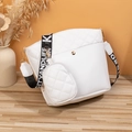 White quilted bucket bag set with embroidered wide strap and a matching small pouch - White