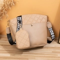 Apricot quilted crossbody bucket bag with wide lettered strap and small coin pouch - Khaki
