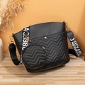 Black quilted leather bucket bag with coin purse and printed wide shoulder strap - Embroidered Black