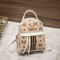 Beige faux leather mini backpack with monogram print and classic striped webbing detail - White Silver