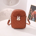 Brown quilted crossbody phone bag featuring a cute metal rabbit clasp and zip closure - Brown