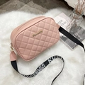 Pink quilted crossbody bag with embroidery and wide lettered shoulder strap - Pink