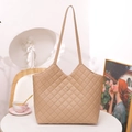 Beige quilted tote bag with diamond stitching and golden flower metal logo detail - Apricot