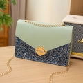 Mint green sequin crossbody bag with gold chain strap and diamond-shaped metal clasp - Green
