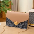 Crossbody glitter chain bag in khaki and blue contrast with golden diamond lock - Khaki