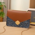 Chic blue sequin square crossbody bag with brown leather flap and gold chain strap - Brown