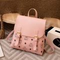 Pale pink faux leather backpack with LBS monogram prints and golden buckle straps - Pink