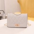 Quilted light gray crossbody bag with gold chain strap and metallic buckle detail - Gray