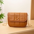 Brown quilted crossbody bag with golden chain strap and matching round buckle - Brown