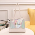 Holographic tote bag with white leather straps and Little Beauty printed text - White