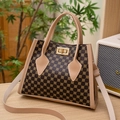 Vintage floral tote bag with gold geometric print and beige leather handles - Khaki