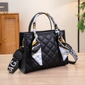 Black quilted crossbody bag with silk scarf handle and printed wide shoulder strap - Black