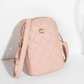 Petit sac de téléphone en cuir PU matelassé rose avec boucle fleur dorée et sangle - Rose