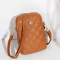 Brown quilted crossbody mobile phone bag with golden flower buckle and adjustable strap - Brown