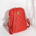 Elegant red quilted crossbody phone bag for women with gold floral emblem and long strap - Red