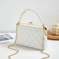 White quilted crossbody bag with luxury pearl handle and elegant gold-tone metal chain - White