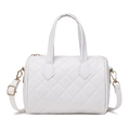 White quilted barrel crossbody bag with faux leather texture and gold tone hardware - White
