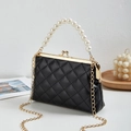 Elegant black quilted handbag with large pearl top handle and gold chain strap - Black