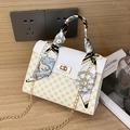 Yellow monogram flap bag with contrast scarf handle and golden chain strap - White