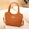 Brown quilted tote bag in premium PU leather with gold metal hardware and detachable strap - Brown