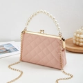Light pink quilted crossbody bag with pearl handle and golden chain strap - Pink