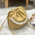 Chic bright yellow litchi pattern bucket bag with large white pearl top handle - Yellow