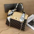 Beige and brown crossbody bag with clover pattern and silk scarf handle detail - Khaki
