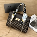 Dark brown monogram handbag with gold chain strap and decorative silk scarf handle wrap - Coffee