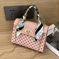 Pink faux leather crossbody square bag with embossed floral pattern and silk scarf handle - Pink