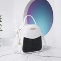 Mini white faux leather backpack with black sequins and gold-tone hardware details - White
