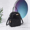 Mini black pebbled leather backpack with gradient glitter pocket and gold hardware - Black