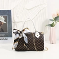 Mini Boston bag with brown monogram pattern, white leather trim and a silk scarf handle - White