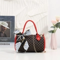 Mini Boston bag with dark brown monogram and red leather trim plus silk scarf decoration - Red