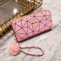 Rosa Damen Geldbörse mit geometrischem Muster, Doppel-Reißverschluss und Plüschball - Rosa