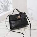 Elegant black crocodile pattern small crossbody bag with golden clasp on marble surface - Black