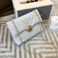 Elegant light gray chevron quilted chain crossbody bag with golden hardware lock - Gray