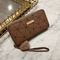 Brown geometric long wallet with gold plaque, wrist strap and plush pompom charm - Brown
