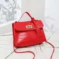 Mini red crocodile pattern Kelly style handbag with gold lock and crossbody strap - Red